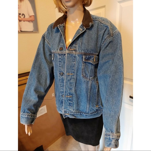 Vintage Leather Collar Denim Jacket - Picture 5 of 6
